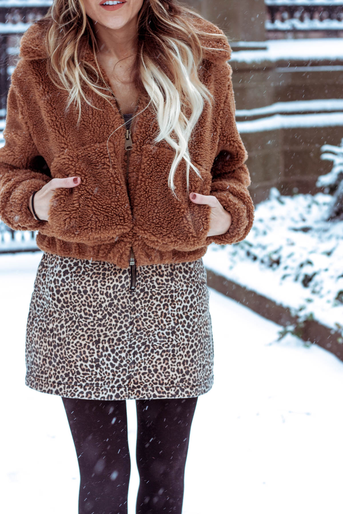 Urban Outfitters Teddy Coat, Leopard Print Skirt, Orange Beret