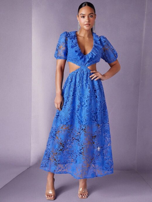 Blue lace cut out wedding guest dress from Shein