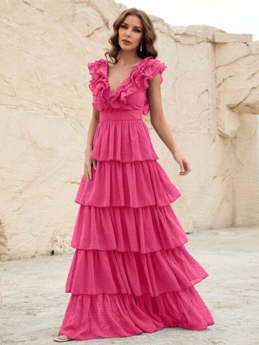 Shein pink ruffled maxi dress for wedding guest 