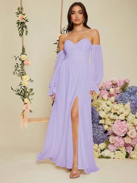 Purple maxi dress with sleeves for formal wedding guest