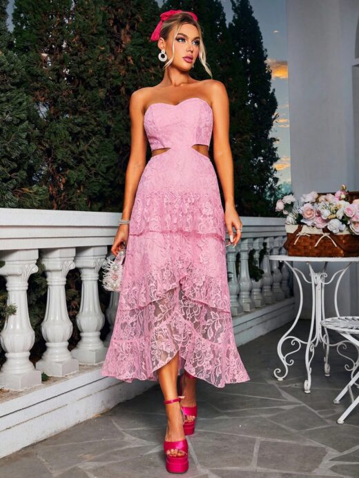 Pink lace midi dress for wedding guest from Shein