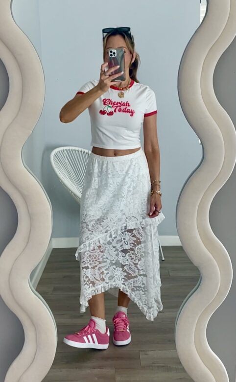 Adidas sambas with White Maxi Skirt