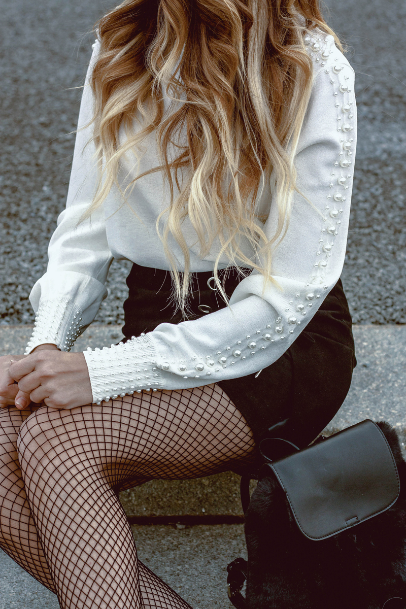 H&M Pearl sweater, lace up skirt, white booties