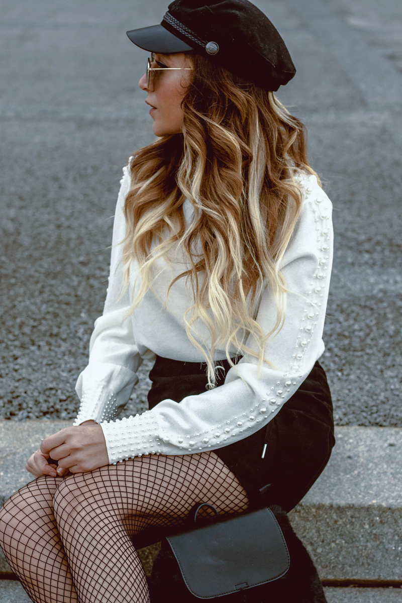 H&M Pearl sweater, lace up skirt, white booties