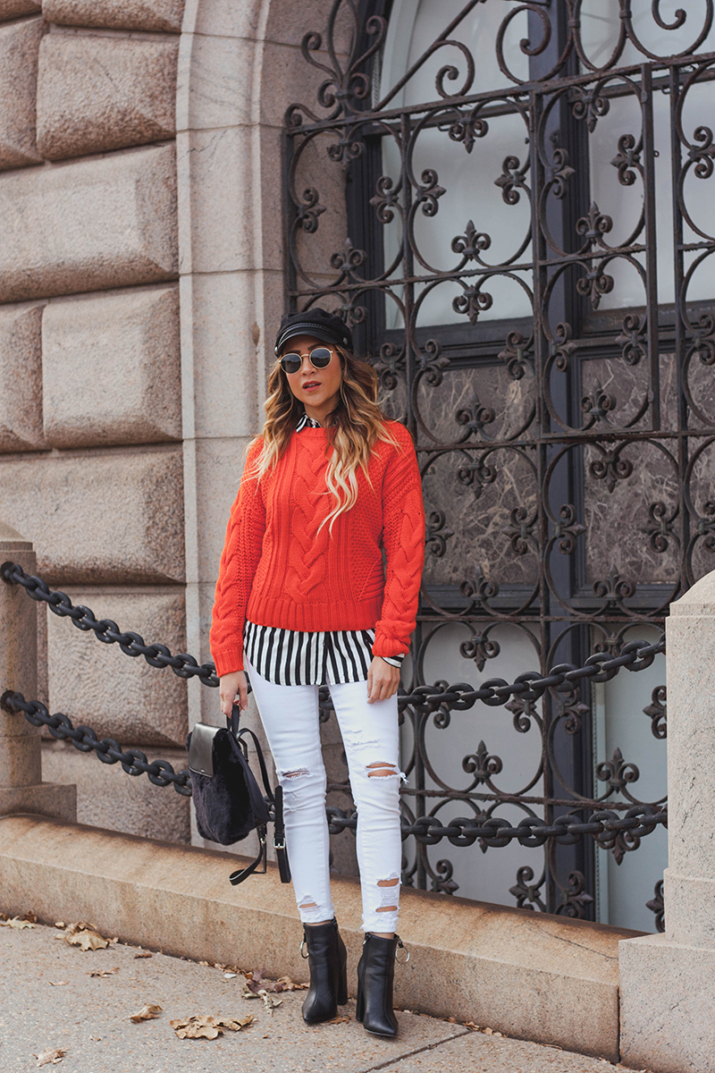 red H&M sweater, white Cello jeans, black and white striped shirt.jpg