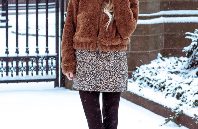 Urban Outfitters Teddy Coat, Leopard Print Skirt, Orange Beret